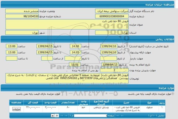 مزایده فروش 80 خط تلفن ثابت 