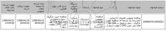 مناقصه عمومی همزمان با ارزیابی (فشرده) یک مرحله ای مناقصه خرید، بارگیری ، حمل و تحویل در محل لوله‌ های پلی اتیلن (PE) ( اولویت سوم )