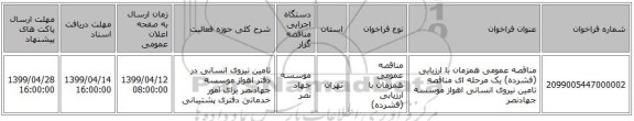 مناقصه عمومی همزمان با ارزیابی (فشرده) یک مرحله ای مناقصه تامین نیروی انسانی اهواز موسسه جهادنصر 