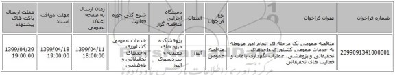 مناقصه عمومی یک مرحله ای انجام امور مربوطه به خدمات عمومی کشاورزی واحدهای تحقیقاتی و پژوهشی، عملیات نگهداری باغات و فعالیت های تحقیقاتی 