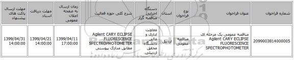 مناقصه عمومی یک مرحله ای Agilent CARY ECLIPSE FLUORESCENCE SPECTROPHOTOMETER 