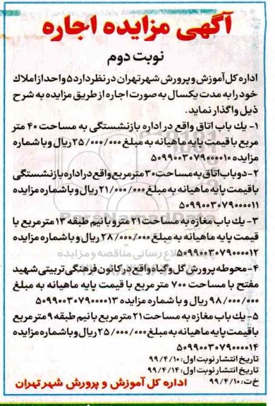 مزایده، مزایده اجاره 5 واحد از املاک نوبت دوم