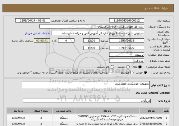 استعلام تجهیزات جوشکاری کوهدشت