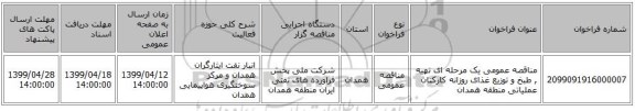 مناقصه عمومی یک مرحله ای تهیه , طبخ و توزیع غذای روزانه کارکنان عملیاتی منطقه همدان
