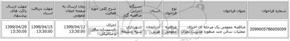 مناقصه عمومی یک مرحله ای اجرای عملیات سالن چند منظوره مدیریت بحران