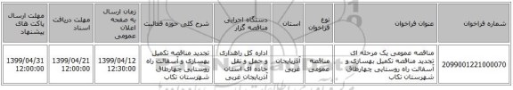 مناقصه عمومی یک مرحله ای تجدید مناقصه تکمیل بهسازی و آسفالت راه روستایی چهارطاق شهرستان تکاب