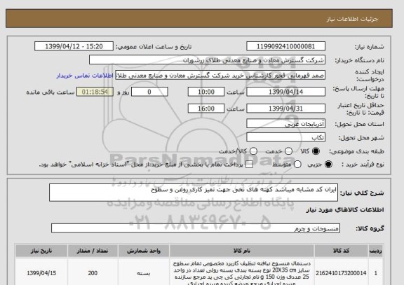 استعلام ایران کد مشابه میباشد کهنه های نخی جهت تمیز کاری روغن و سطوح