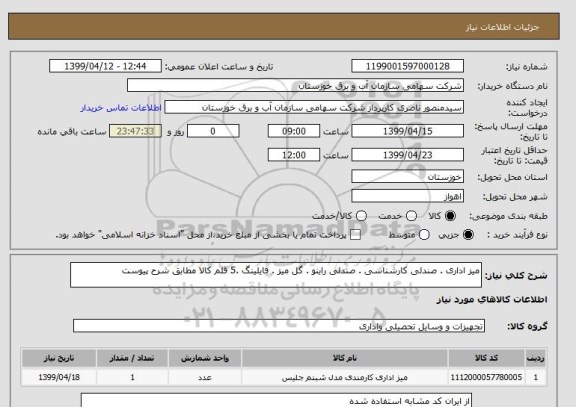 استعلام میز اداری . صندلی کارشناسی . صندلی راینو . گل میز . فایلینگ .5 قلم کالا مطابق شرح پیوست
