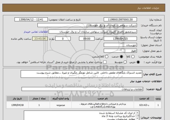 استعلام تمدید اشتراک پایگاهای علمی داخلی  لاتین شامل نورمگز .مگیران و غیره ...مطابق شرح پیوست