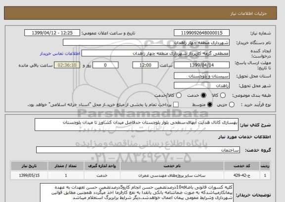 استعلام بهسازی کانال هدایت آبهای سطحی بلوار بلوچستان حدفاصل میدان کشاورز تا میدان بلوچستان