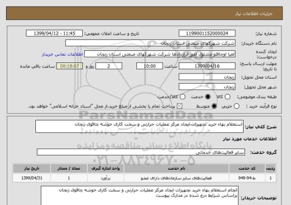 استعلام استعلام بهاء خرید تجهیزات ایجاد مرکز عملیات حرارتی و سخت کاری خوشه چاقوی زنجان