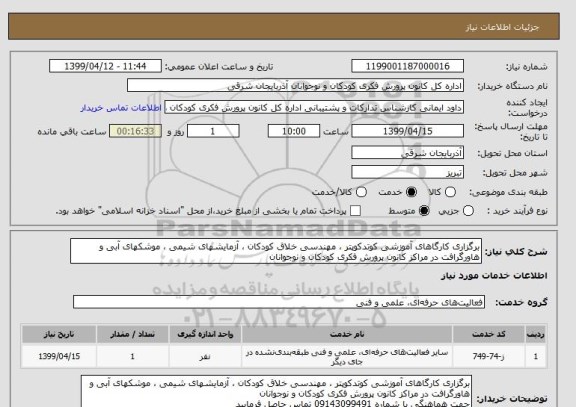 استعلام برگزاری کارگاهای آموزشی کوتدکوپتر ، مهندسی خلاق کودکان ، آزمایشهای شیمی ، موشکهای آبی و هاورگرافت در مراکز کانون پرورش فکری کودکان و نوجوانان