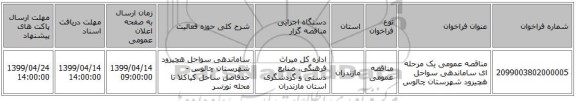 مناقصه عمومی یک مرحله ای ساماندهی سواحل هچیرود شهرستان چالوس 