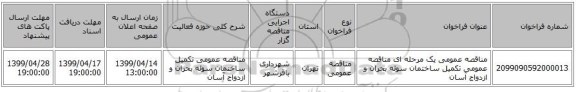 مناقصه عمومی یک مرحله ای مناقصه عمومی تکمیل ساختمان سوله بحران و ازدواج آسان 