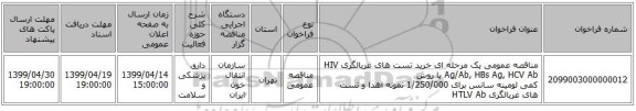 مناقصه عمومی یک مرحله ای خرید تست های غربالگری  HIV Ag/Ab, HBs Ag, HCV Ab با روش کمی لومینه سانس برای 1/250/000 نمونه اهدا و تست های غربالگری HTLV Ab 