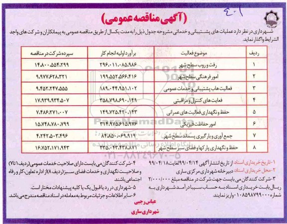 مناقصه عمومی, مناقصه رفت و روب سطح شهر... 