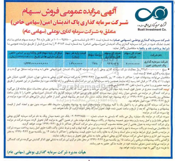 آگهی مزایده ، مزایده فروش سهام 