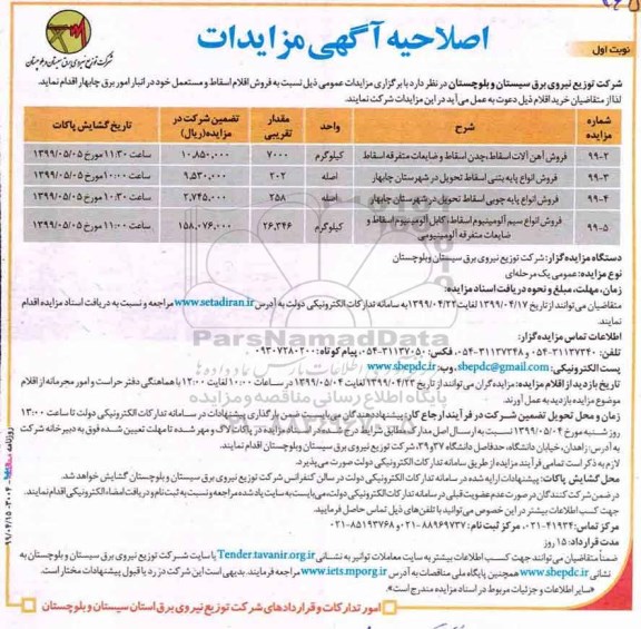 مزایده،اصلاحیه مزایده فروش انواع پایه بتنی اسقاط تحویل در شهرستان و...