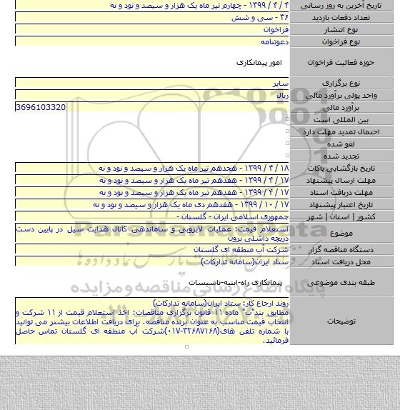استعلام قیمت: عملیات لایروبی و ساماندهی کانال هدایت سیل در پایین دست دریچه داشلی برون