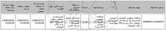 مناقصه عمومی همزمان با ارزیابی (فشرده) یک مرحله ای آبخیزداری و حفاظت خاک پارسلD4 حوزه سد تنگاب فیروزاباد