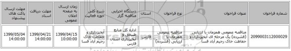 مناقصه عمومی همزمان با ارزیابی (فشرده) یک مرحله ای آبخیزداری و حفاظت خاک رحیم آباد فسا