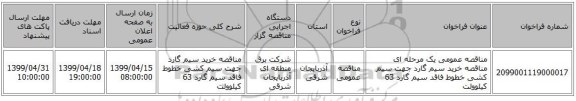 مناقصه عمومی یک مرحله ای مناقصه خرید سیم گارد جهت سیم کشی خطوط فاقد سیم گارد 63 کیلوولت