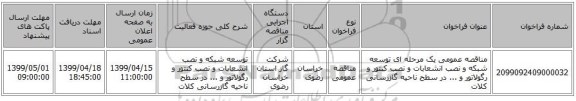 مناقصه عمومی یک مرحله ای توسعه شبکه و نصب انشعابات و نصب کنتور و رگولاتور و ... در سطح ناحیه گازرسانی کلات