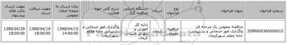 مناقصه عمومی یک مرحله ای واگذاری امور خدماتی و پشتیبانی خانه معلم شهرکرمان