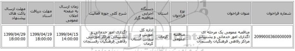 مناقصه عمومی یک مرحله ای اگذاری امور خدماتی و پشتیبانی مراکز  رفاهی فرهنگیان رفسنجان