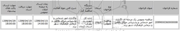 مناقصه عمومی یک مرحله ای اگذاری امور خدماتی و پشتیبانی مراکز  رفاهی و درمانی فرهنگیان شهر زرند