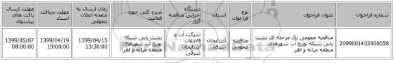 مناقصه عمومی یک مرحله ای نشت یابی شبکه توزیع آب شهرهای منطقه میانه و اهر