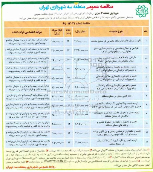 مناقصه عمومی , مناقصه نگهداری پل های عابر پیاده معمولی در سطح منطقه ... 