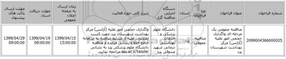 مناقصه عمومی یک مرحله ای واگذاری حجمی امور نقلیه (آژانس) مرکز بهداشت شهرستان یزد