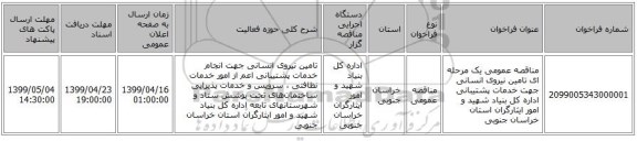 مناقصه عمومی یک مرحله ای تامین نیروی انسانی جهت خدمات پشتیبانی اداره کل بنیاد شهید و امور ایثارگران استان خراسان جنوبی