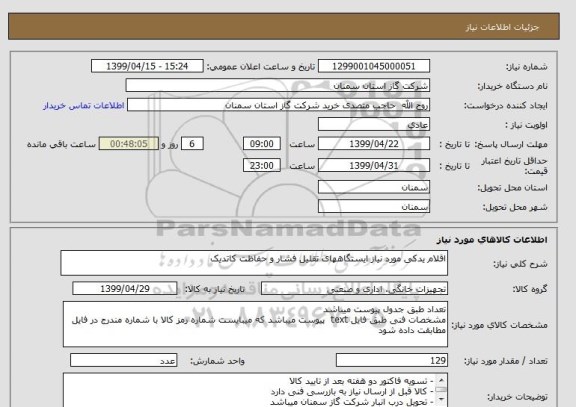 استعلام اقلام یدکی مورد نیاز ایستگاههای تقلیل فشار و حفاظت کاتدیک 