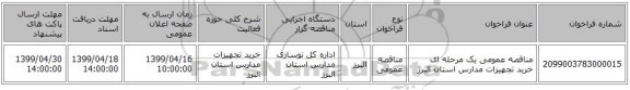 مناقصه عمومی یک مرحله ای خرید تجهیزات مدارس استان البرز