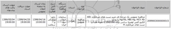 مناقصه عمومی یک مرحله ای خرید تست های غربالگری  HIV Ag/Ab, HBs Ag, HCV Ab با روش الکترو کمی لومینه سانس برای 1/250/000 نمونه اهدا و تست های غربالگری H