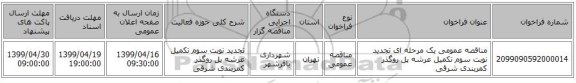 مناقصه عمومی یک مرحله ای تجدید نوبت سوم تکمیل عرشه پل روگذر کمربندی شرقی 
