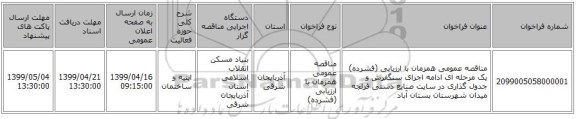 مناقصه عمومی همزمان با ارزیابی (فشرده) یک مرحله ای ادامه اجرای سنگفرش و جدول گذاری در سایت صنایع دستی قزلجه میدان شهرستان بستان آباد