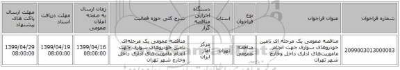مناقصه عمومی یک مرحله ای تامین خودروهای سواری جهت انجام ماموریتهای اداری داخل وخارج شهر تهران