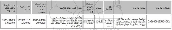 مناقصه عمومی یک مرحله ای واگذاری قرارداد نیروی انسانی نیروی انسانی شهرداری دیلمان