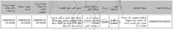 مناقصه عمومی یک مرحله ای اجرای دیوار محوطه مخزن حاج عنایت (اداره حوادث آب)