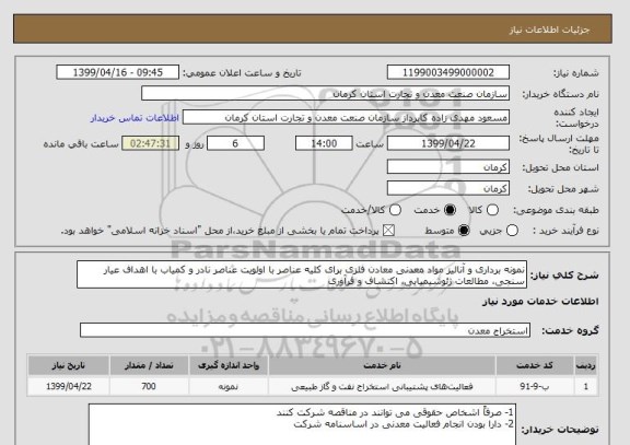 استعلام نمونه برداری و آنالیز مواد معدنی معادن فلزی برای کلیه عناصر با اولویت عناصر نادر و کمیاب با اهداف عیار سنجی، مطالعات ژئوشیمیایی، اکتشاف و فرآوری