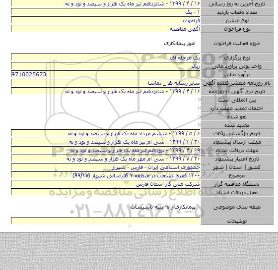 ۱۲۰۰ فقره انشعاب در منطقه ۲ گازرسانی شیراز (۹۹/۲۷)