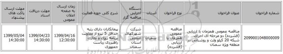 مناقصه عمومی همزمان با ارزیابی (فشرده) دو مرحله ای اجرای شبکه 20 کیلو ولت و روشنایی در منطقه ویژه سمنان