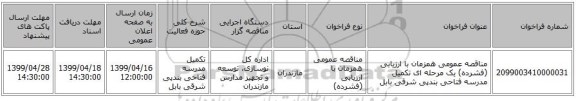 مناقصه عمومی همزمان با ارزیابی (فشرده) یک مرحله ای تکمیل مدرسه فتاحی بندپی شرقی بابل
