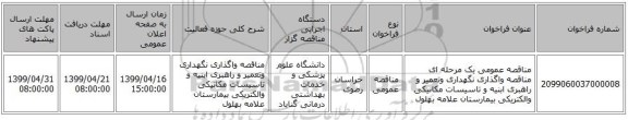 مناقصه عمومی یک مرحله ای  مناقصه واگذاری نگهداری وتعمیر و راهبری ابنیه و تاسیسات مکانیکی والکتریکی بیمارستان علامه بهلول