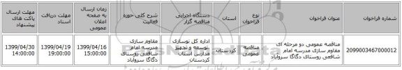 مناقصه عمومی دو مرحله ای مقاوم سازی مدرسه امام شافعی روستای دگاگا سروآباد 
