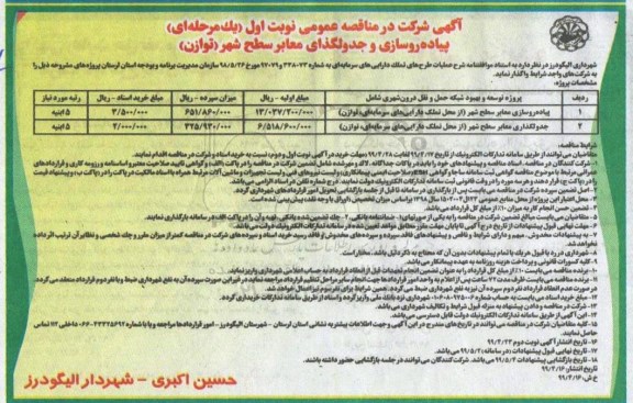 مناقصه عمومی, مناقصه پیاده روسازی معابر سطح شهر  ...