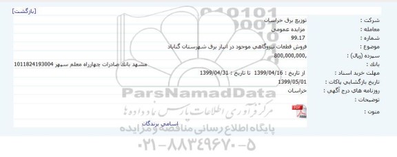 مزایده فروش قطعات نیروگاهی موجود در انبار برق